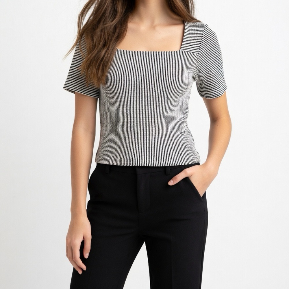 Club Monaco Square Neck Black & White Ribbed Knit Top